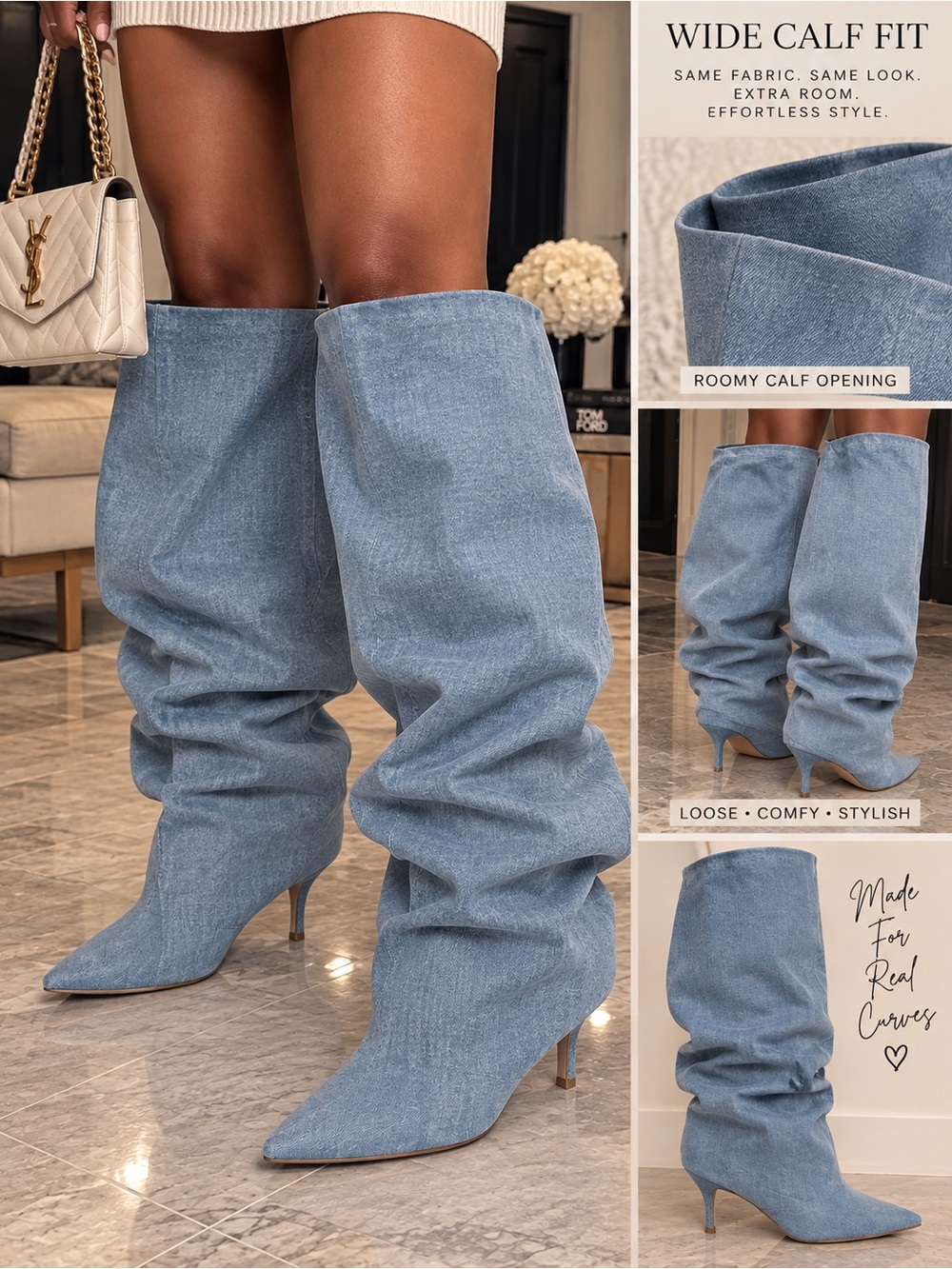 Light Blue Denim Slouchy Knee Boots with Pointed Toe - Women